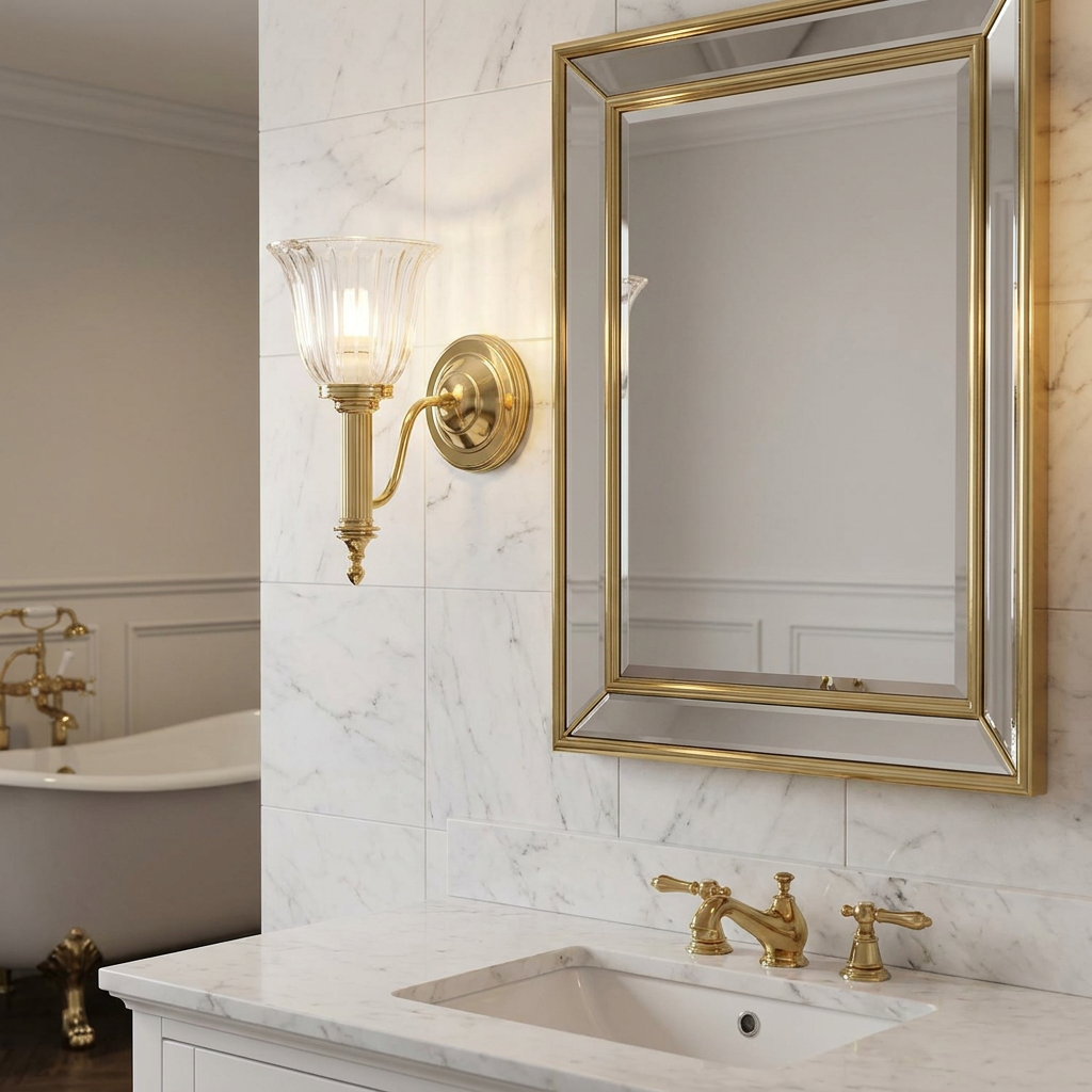 Polished brass bathroom wall light with a ribbed glass shade mounted on marble tiling next to a gold-framed mirror.