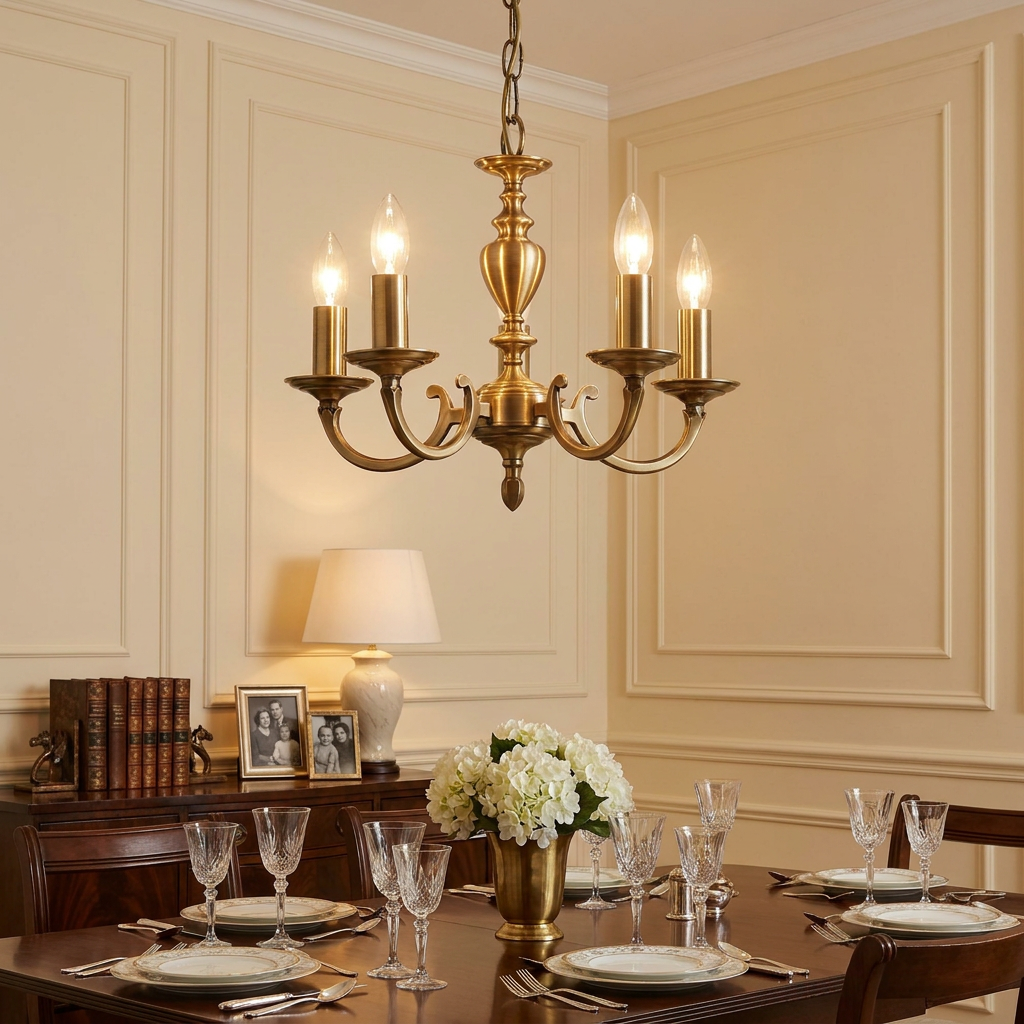 Five-light antique brass chandelier hanging above an elegant dining table set with crystal and white flowers.