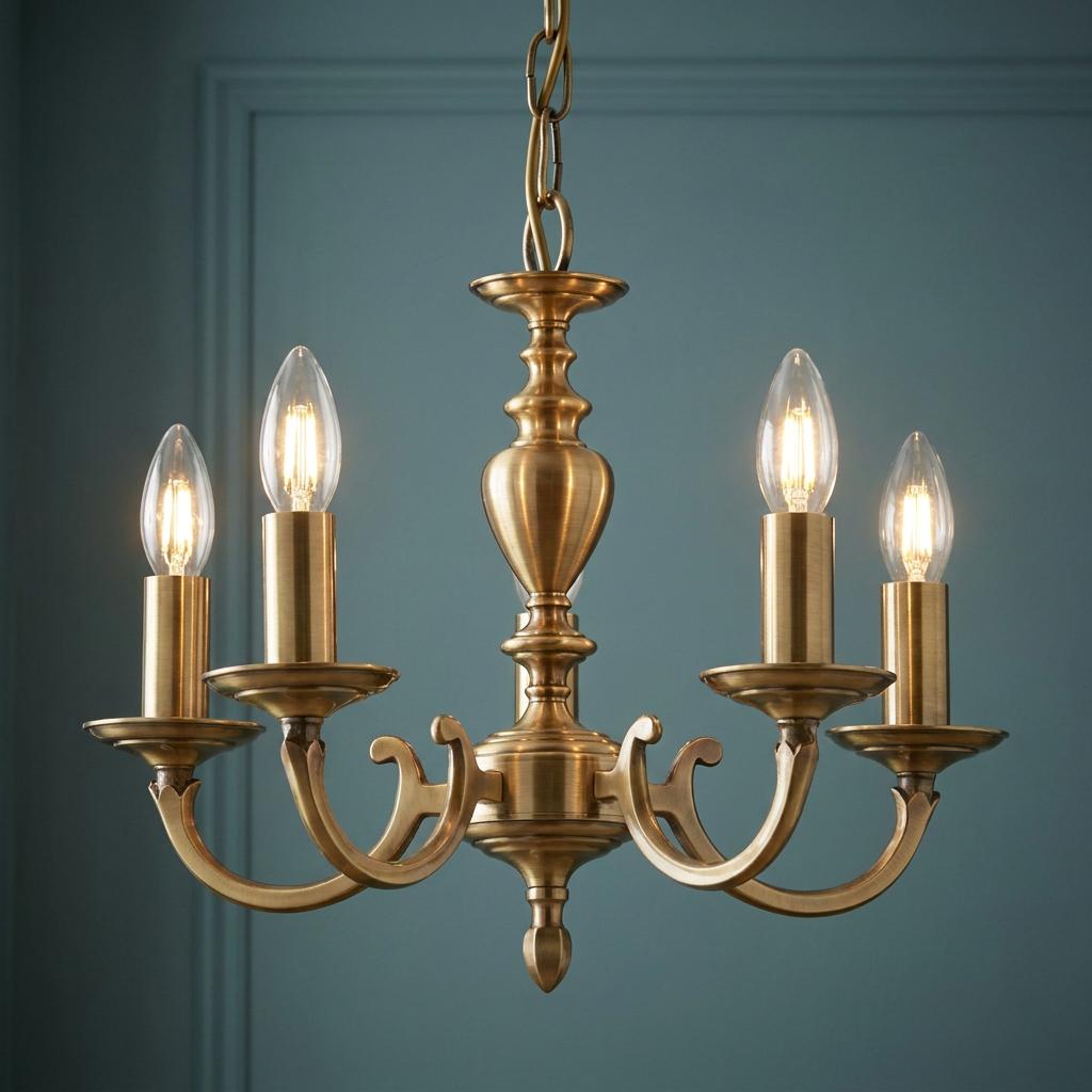 Carter 5-light antique brass chandelier with glowing candle bulbs against a dark teal paneled wall.