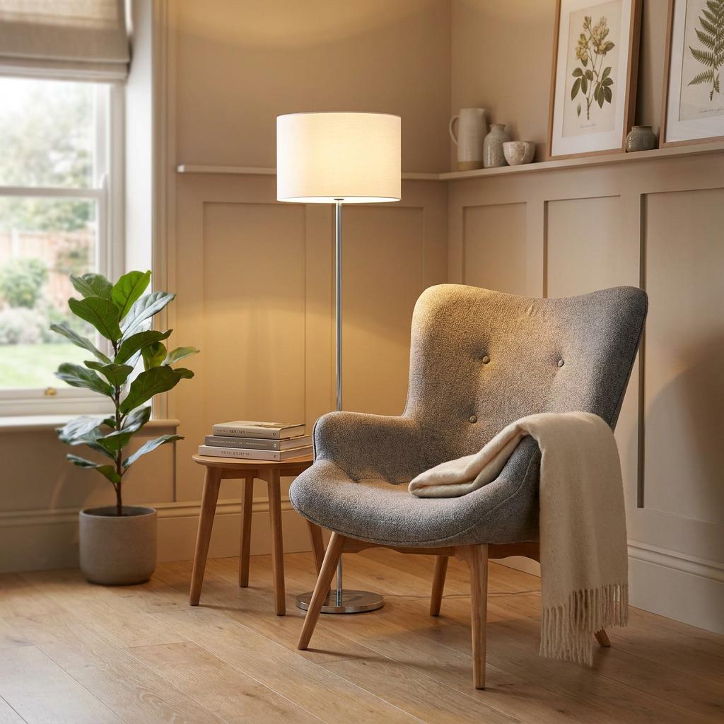 Carter Chrome Floor Lamp with a white drum shade standing beside a grey armchair in a cozy living room.
