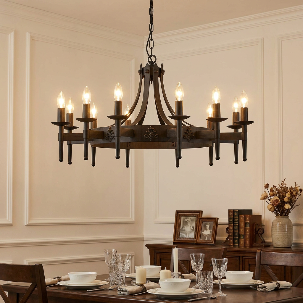 Black wrought iron 12-light cartwheel chandelier hanging above a formal dining table with white walls.