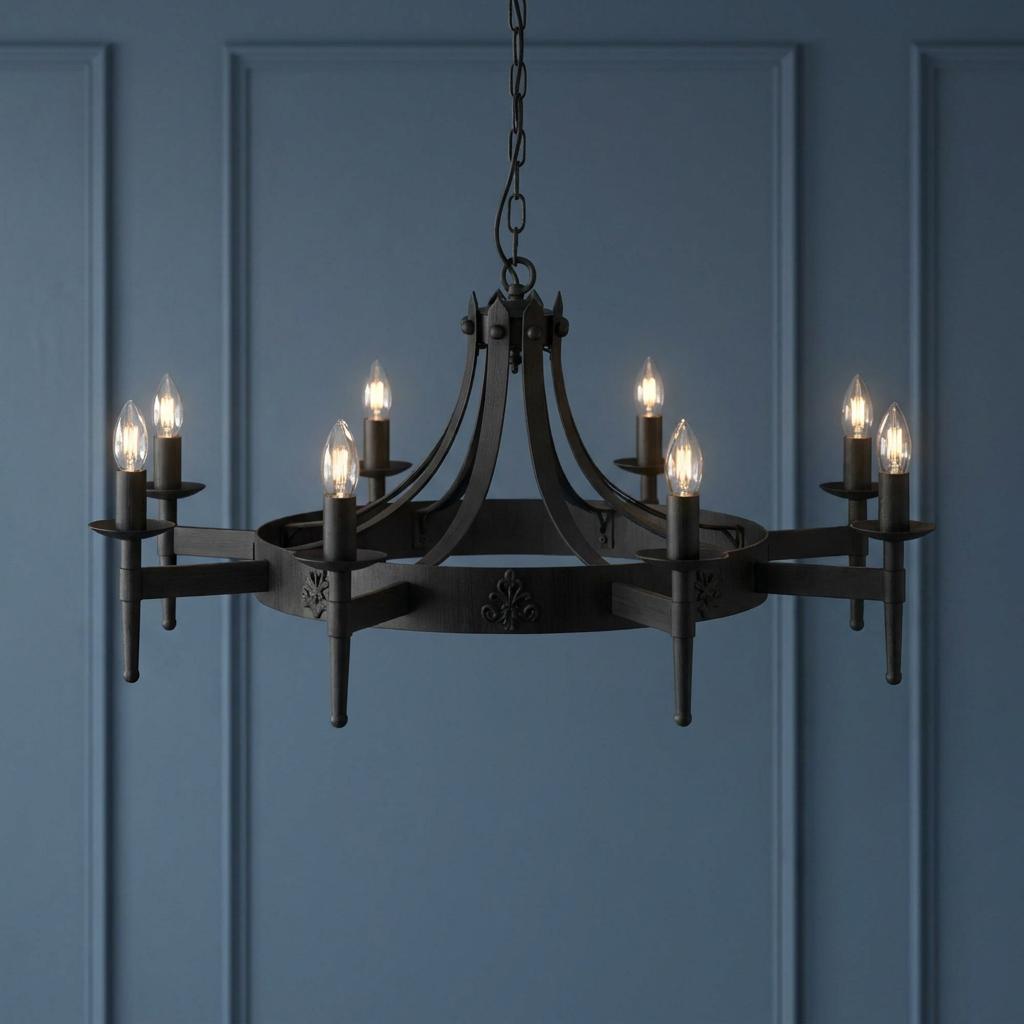 Cartwheel II 8-light black wrought iron chandelier with candle bulbs against a blue paneled wall.