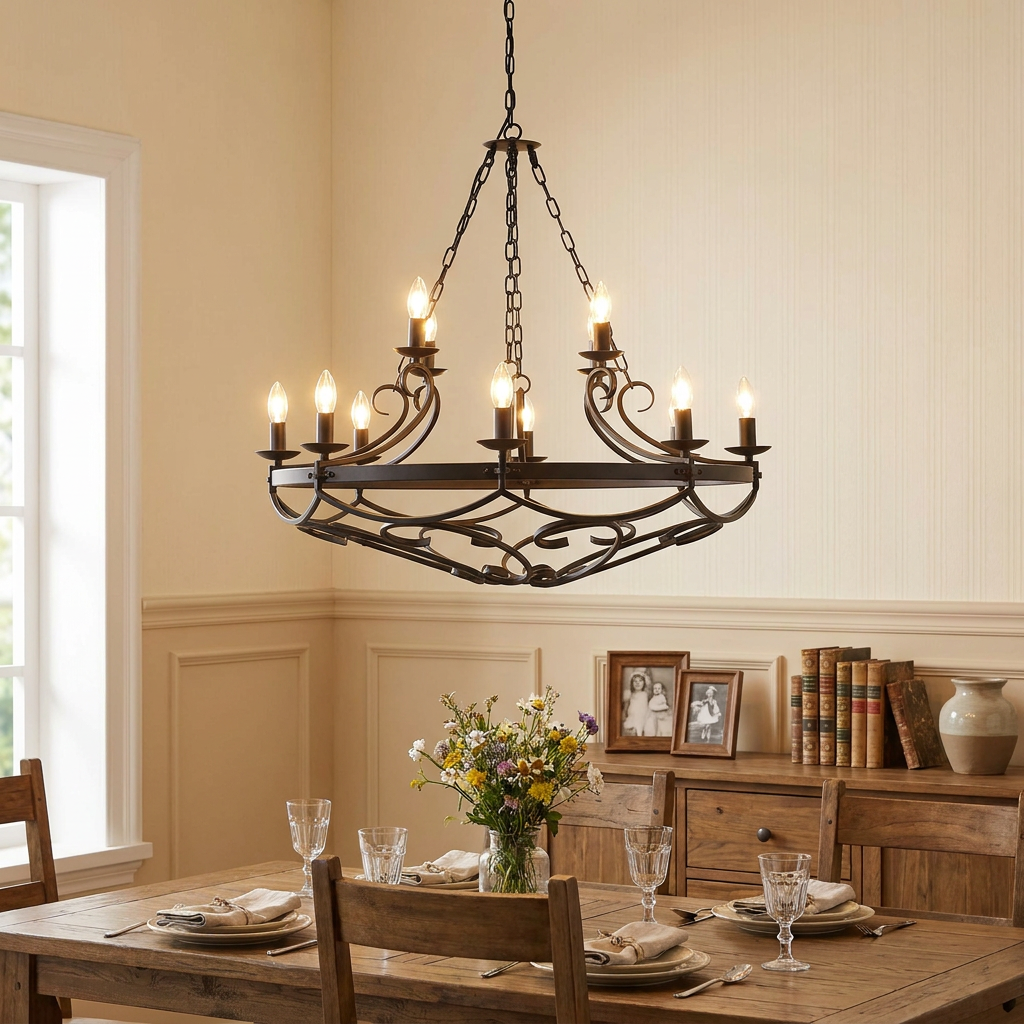 12-light black wrought iron chandelier with decorative scrollwork hanging above a rustic wooden dining table.