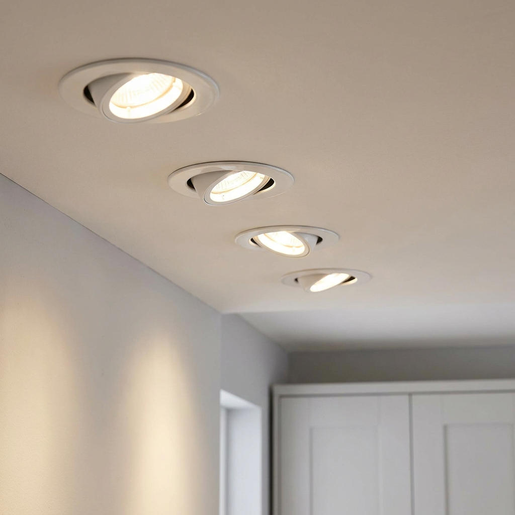 Four white tiltable recessed downlights glowing with warm light on a white ceiling.