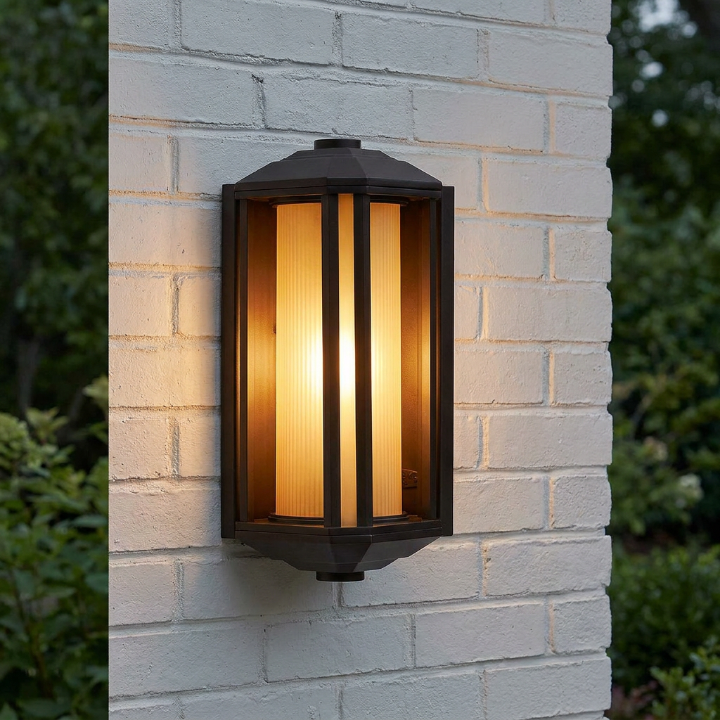 Castelle bronze medium outdoor wall lantern with glowing ribbed glass mounted on a white brick wall.