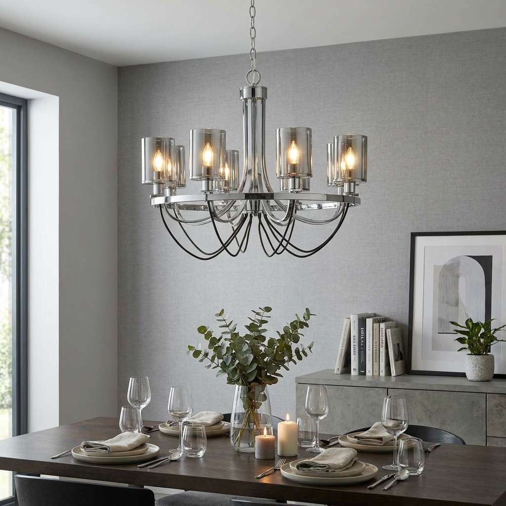 Catalina 8-light chrome pendant with smoked glass shades hanging above a set dining table in a modern room.