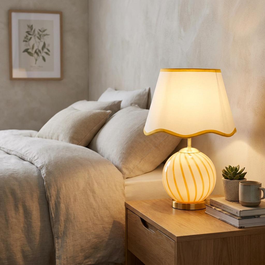Yellow striped glass table lamp with a scalloped shade glows on a wooden bedside table in a cozy neutral bedroom.
