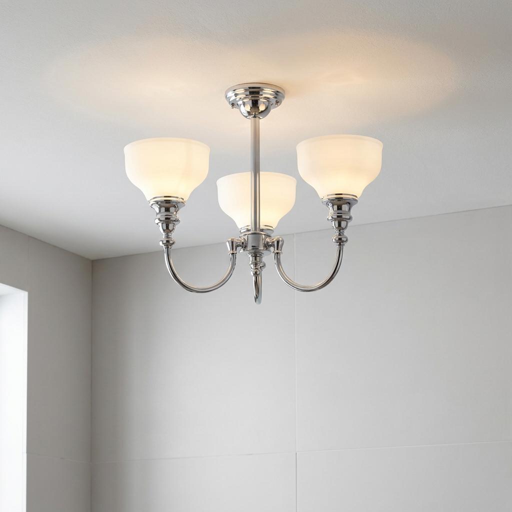 Cheadle chrome 3-light semi-flush ceiling fixture with white opal shades mounted on a plain white ceiling.