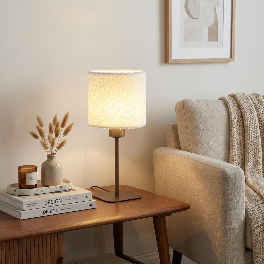 Lit Chelsea table lamp with latte metal base and white textured cashmere shade on a wooden side table by a sofa.