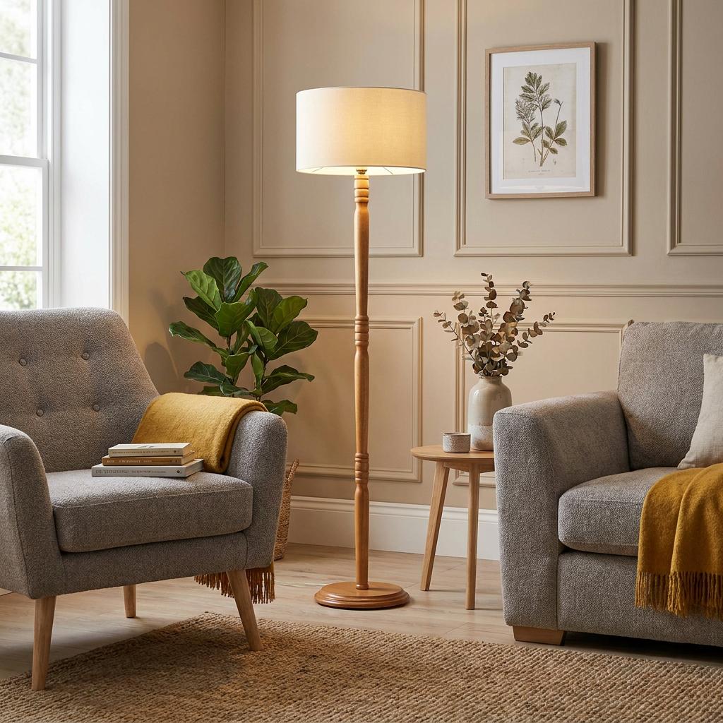 A cherry finish wooden floor lamp with a cream shade illuminates a living room with grey armchairs and panelling.