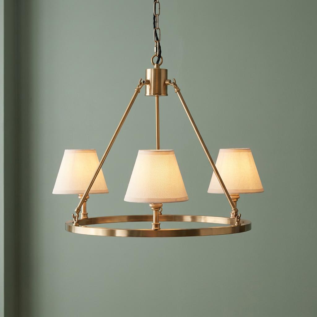 Three-light brass pendant chandelier with white fabric shades against a sage green background.