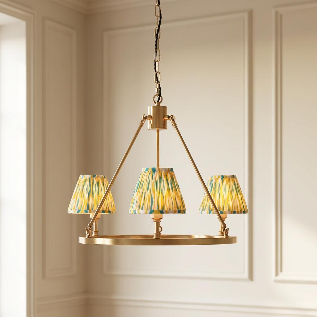 Chester brass pendant light featuring three yellow and jade ikat shades in a paneled interior.