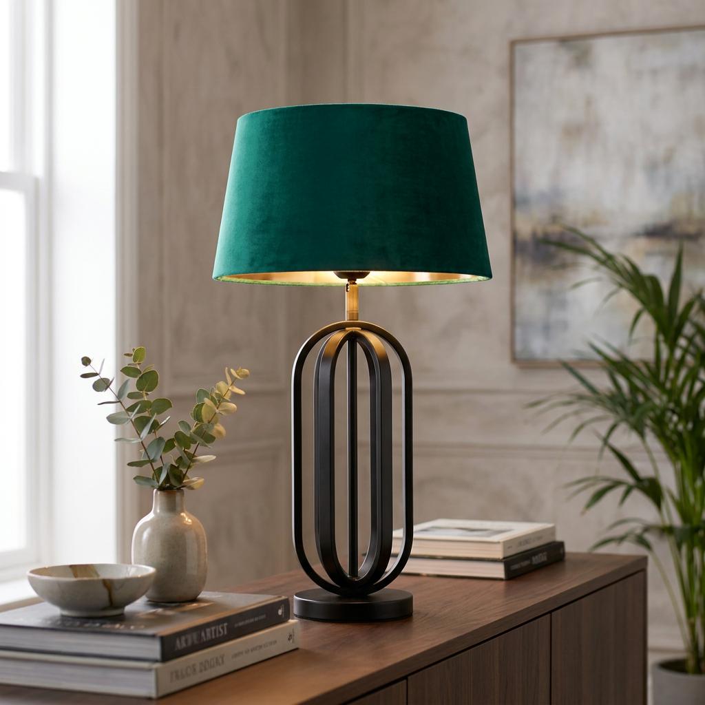 Matt black table lamp with an emerald velvet shade on a wooden sideboard in a modern living room.