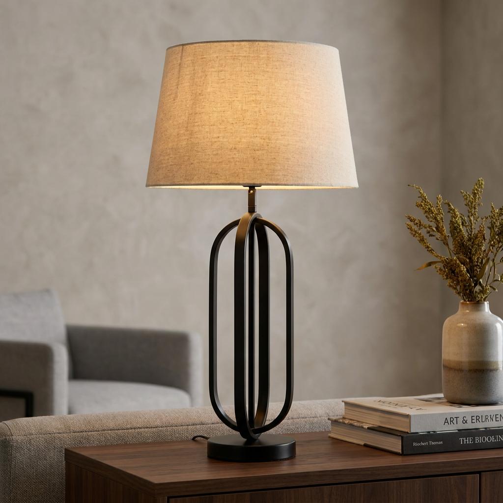 Matt black table lamp with an open oval frame and natural linen shade on a wooden console table.