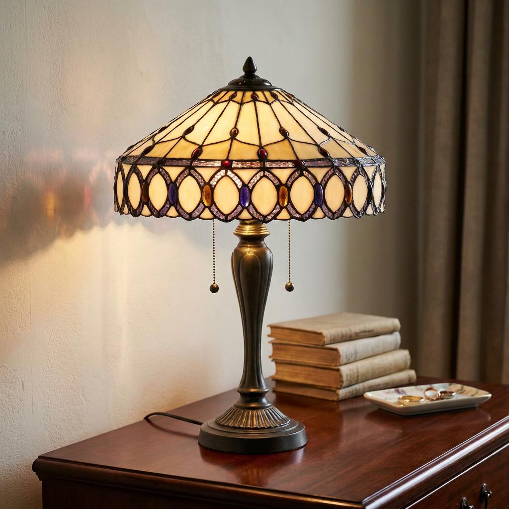 Cream stained glass Tiffany table lamp with jewel accents glowing on a wooden table next to vintage books.