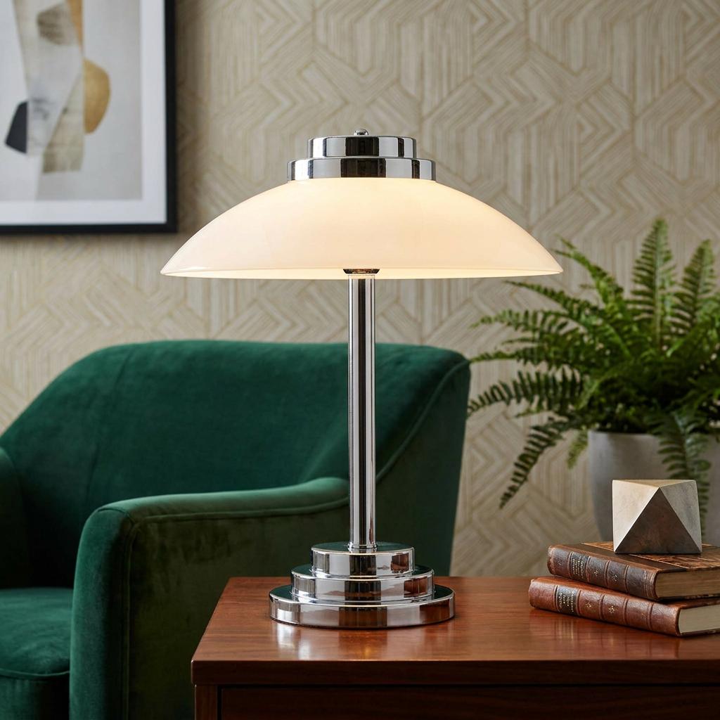 Chrome Art Deco table lamp with a wide frosted shade on a wooden table next to a green velvet armchair.