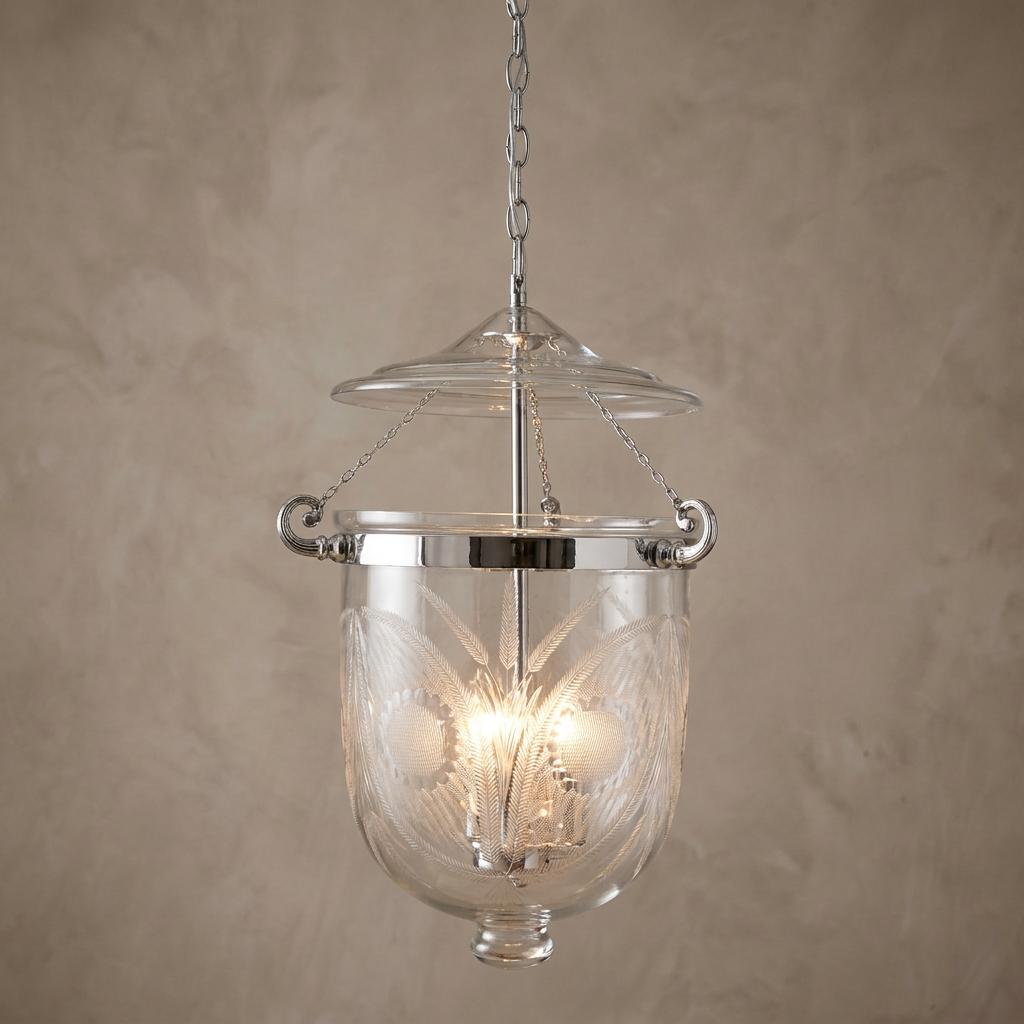 Chrome Georgian ceiling lantern with etched floral glass, hanging against a textured neutral wall.