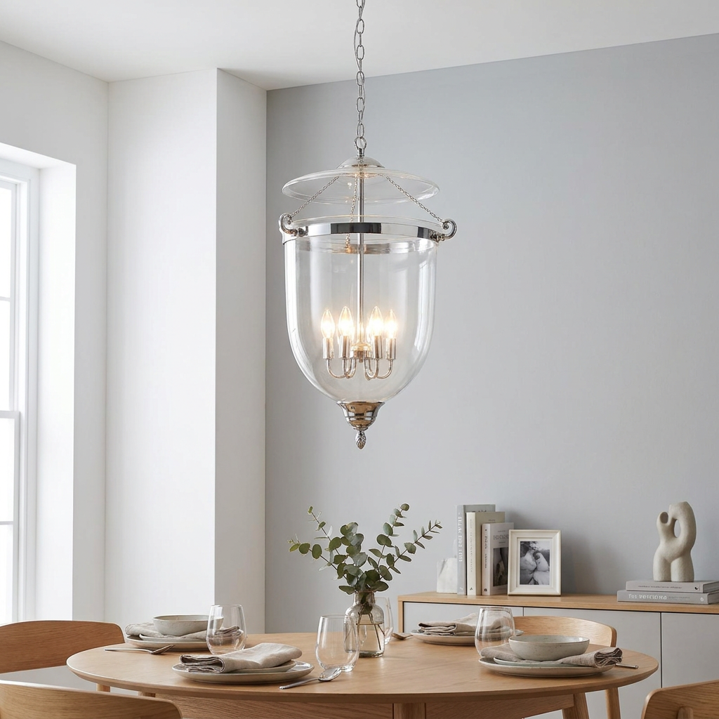 Large bell-shaped chrome glass lantern with six lights hanging above a modern wooden dining table.