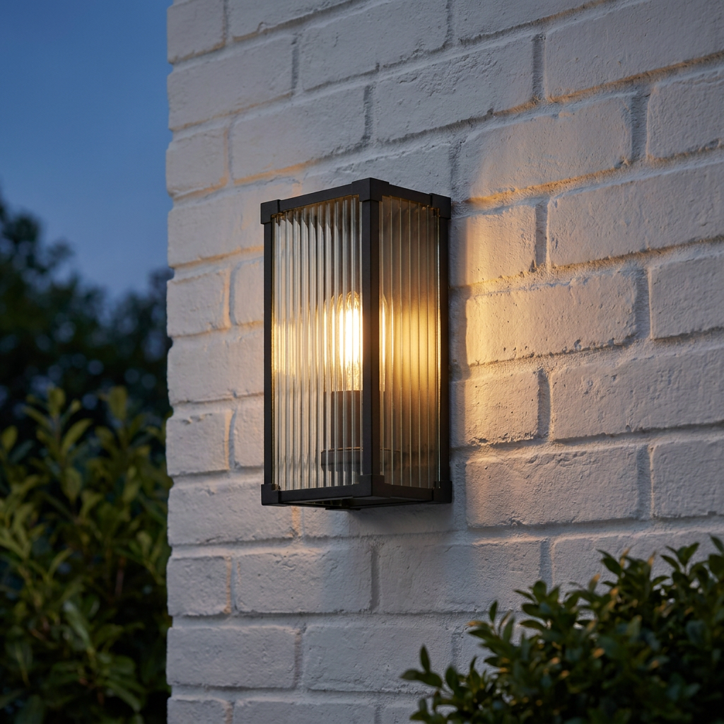 A glowing rectangular black wall light with ribbed glass mounted on a white brick wall at dusk.