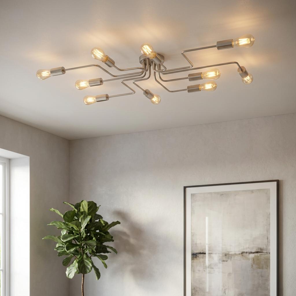 Modern 10-light satin silver ceiling flush fixture with exposed bulbs in a contemporary interior setting.