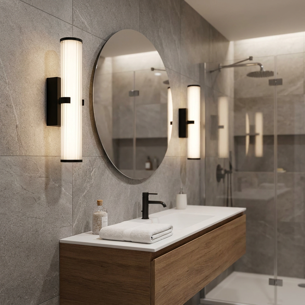 Two black wall lights with opal ribbed glass flanking a round mirror in a modern grey stone bathroom.