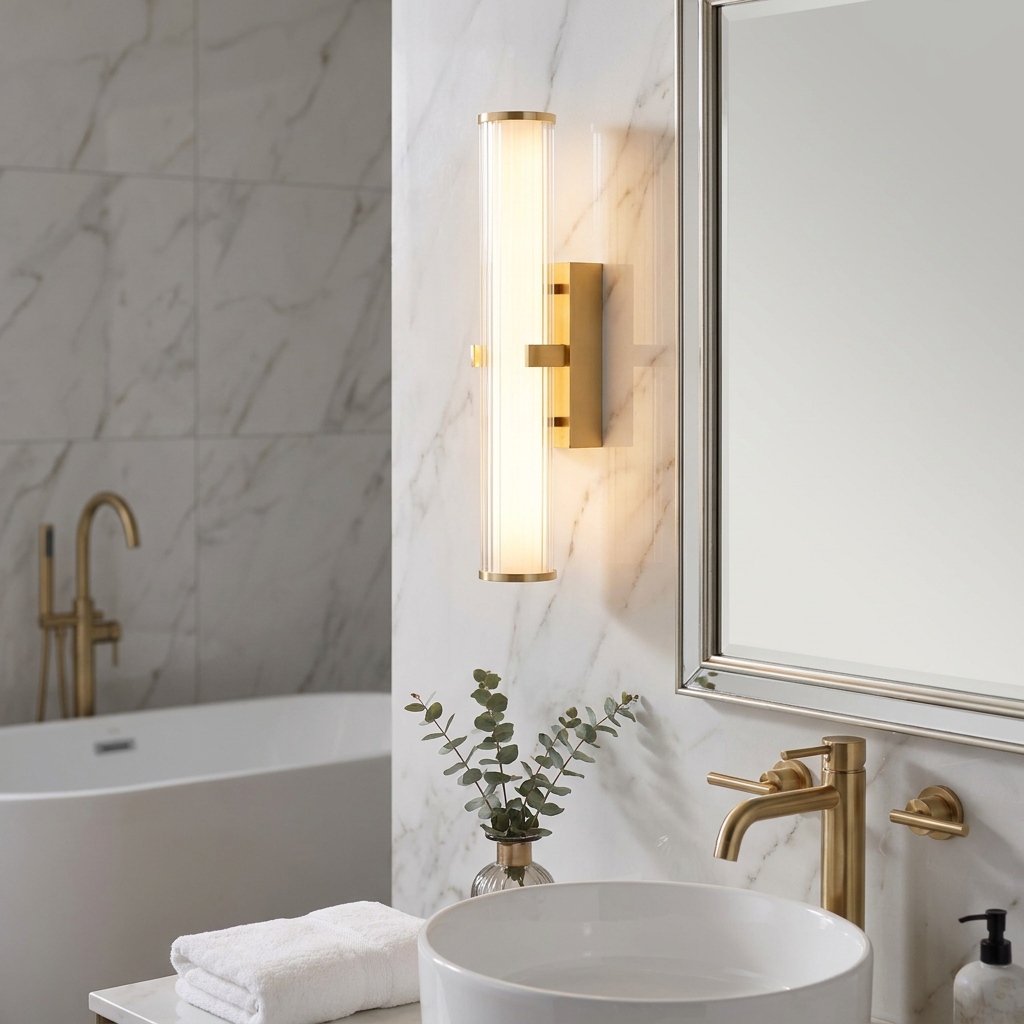 Modern gold bathroom wall light with cylindrical ribbed glass glowing on a marble wall next to a mirror.