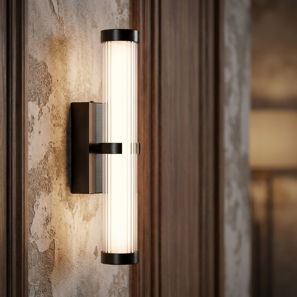 Matte black wall light with a glowing ribbed glass tube mounted on a textured wall beside dark wood panelling.