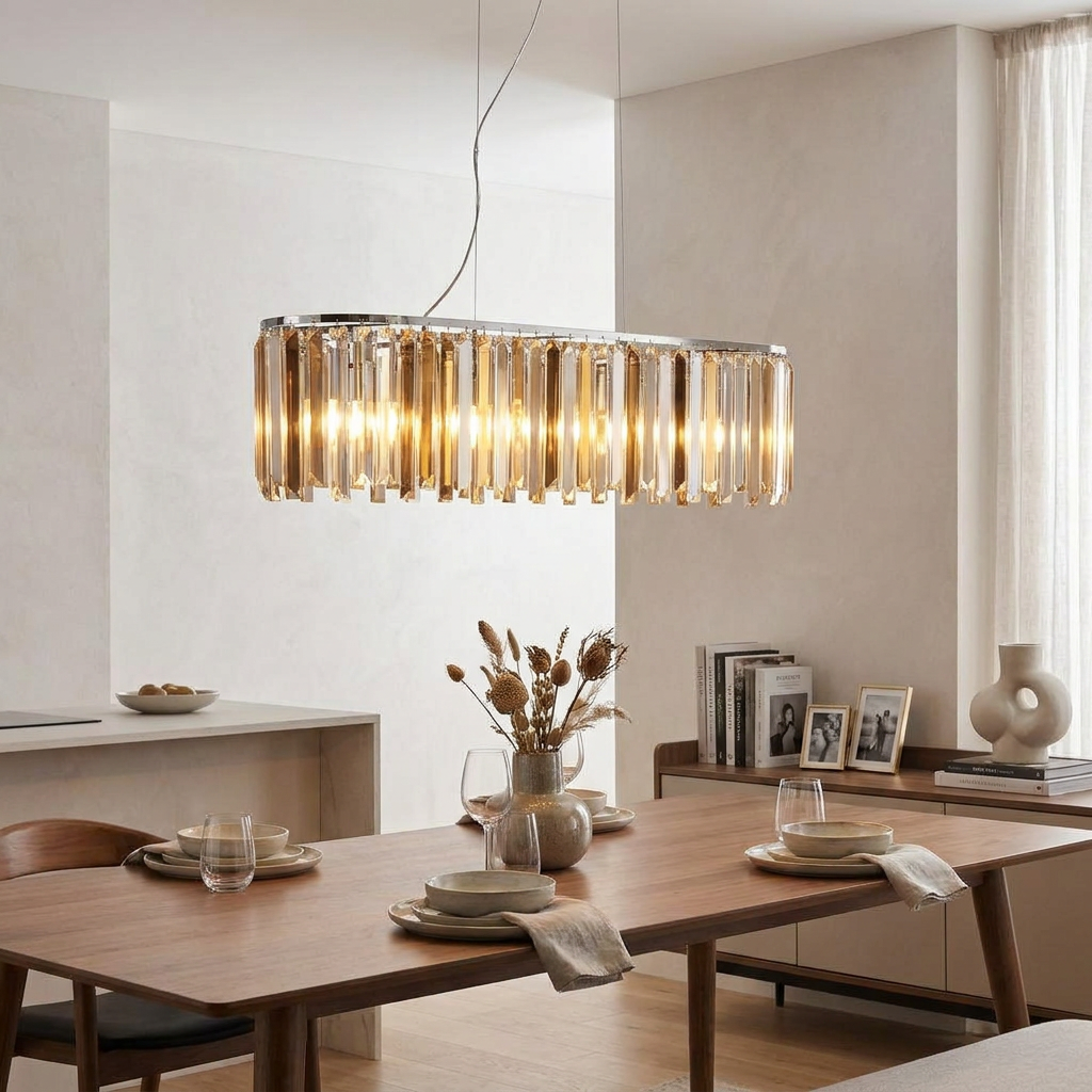 A modern linear crystal chandelier with chrome finish hanging over a set wooden dining table in a bright room.