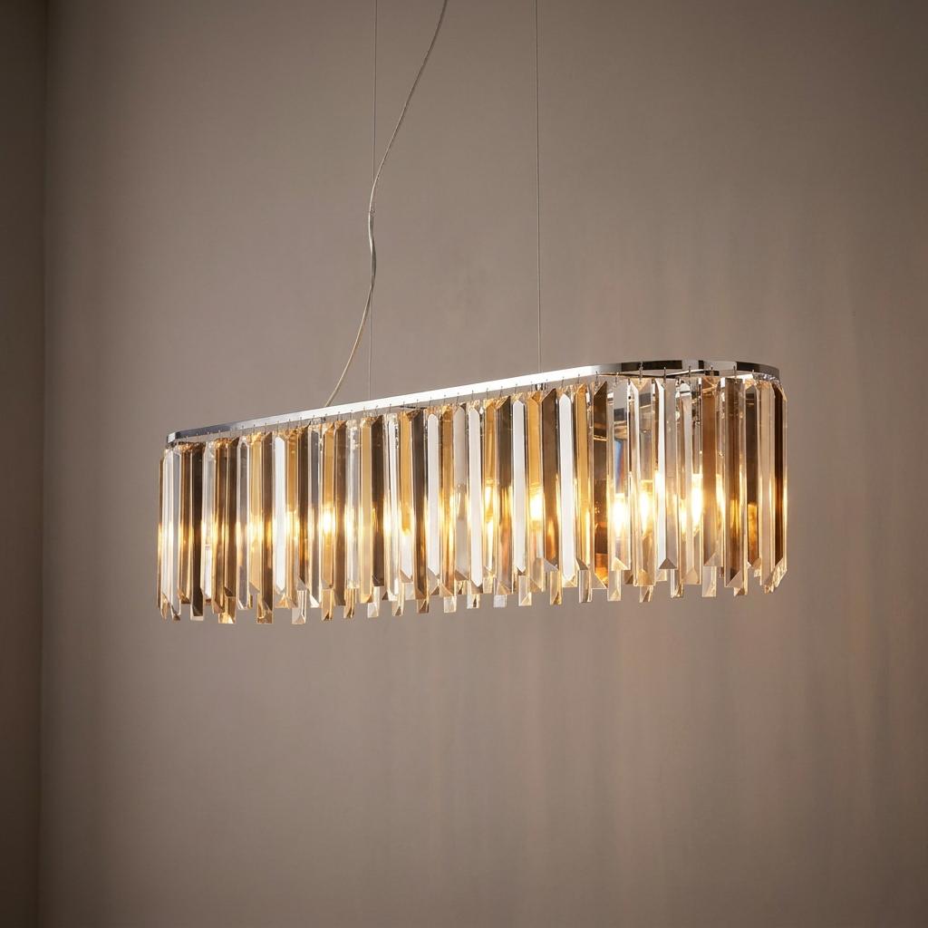 Modern 8-light chrome pendant bar with hanging crystal prisms and warm interior lighting.