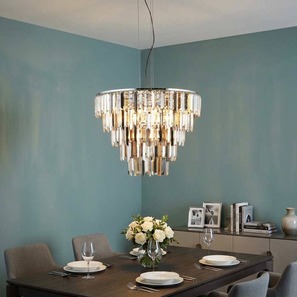 Clarissa nine-light chrome pendant with tiered crystal prism drops above a dining table in a teal room.