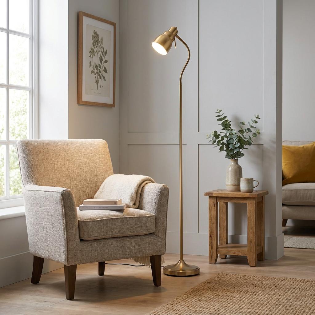 A brass reader floor lamp illuminated next to a beige armchair in a neutral-toned living room.