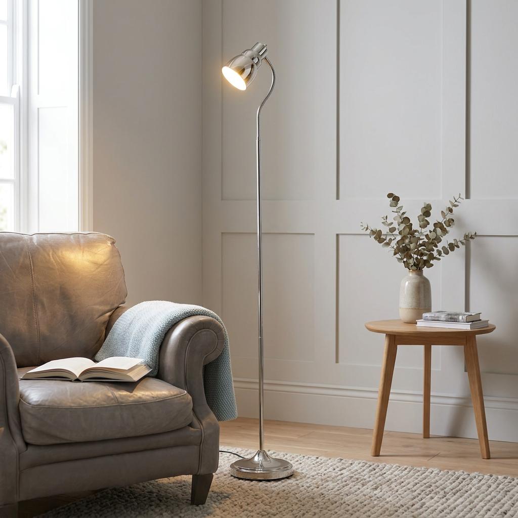 Illuminated Classic Flexi Nickel Reader Floor Lamp in a living room next to a leather armchair and side table.