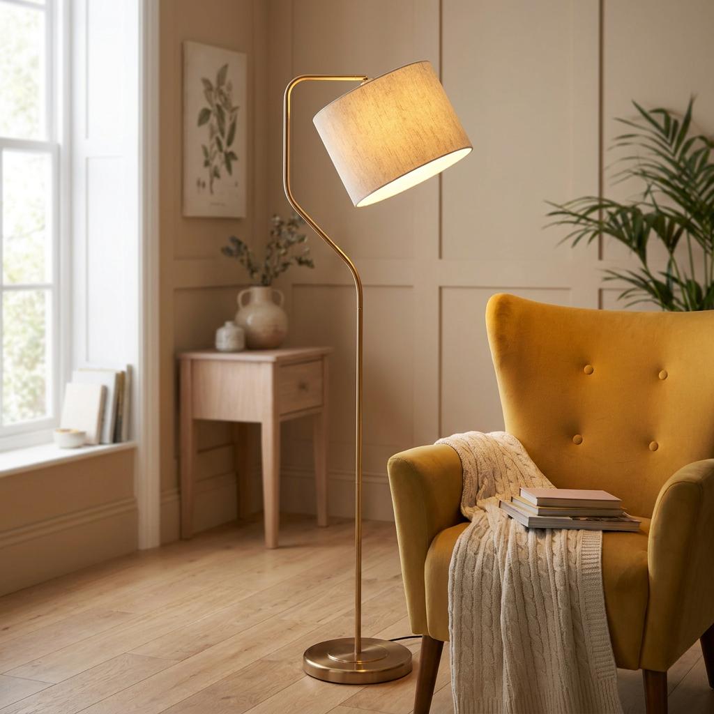Lit Clement brass floor lamp with a natural linen shade next to a yellow velvet armchair in a cozy living room.