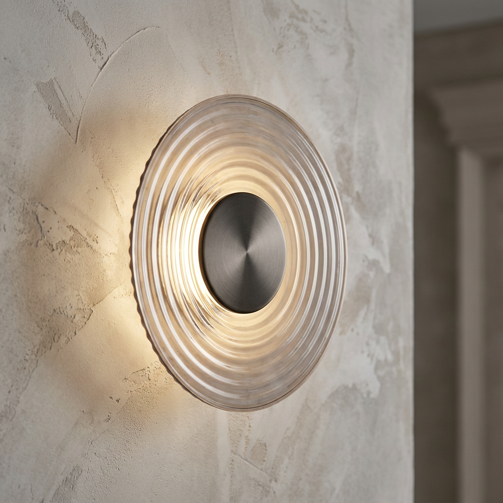Circular wall light with a satin nickel center and rippled grey glass shade emitting a warm glow against a textured wall.