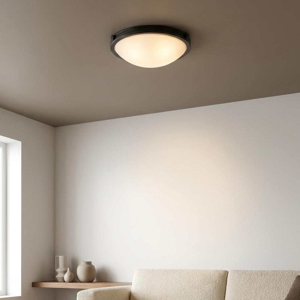 Collier medium flush ceiling light with black frame and frosted glass bowl mounted on a neutral-toned ceiling.
