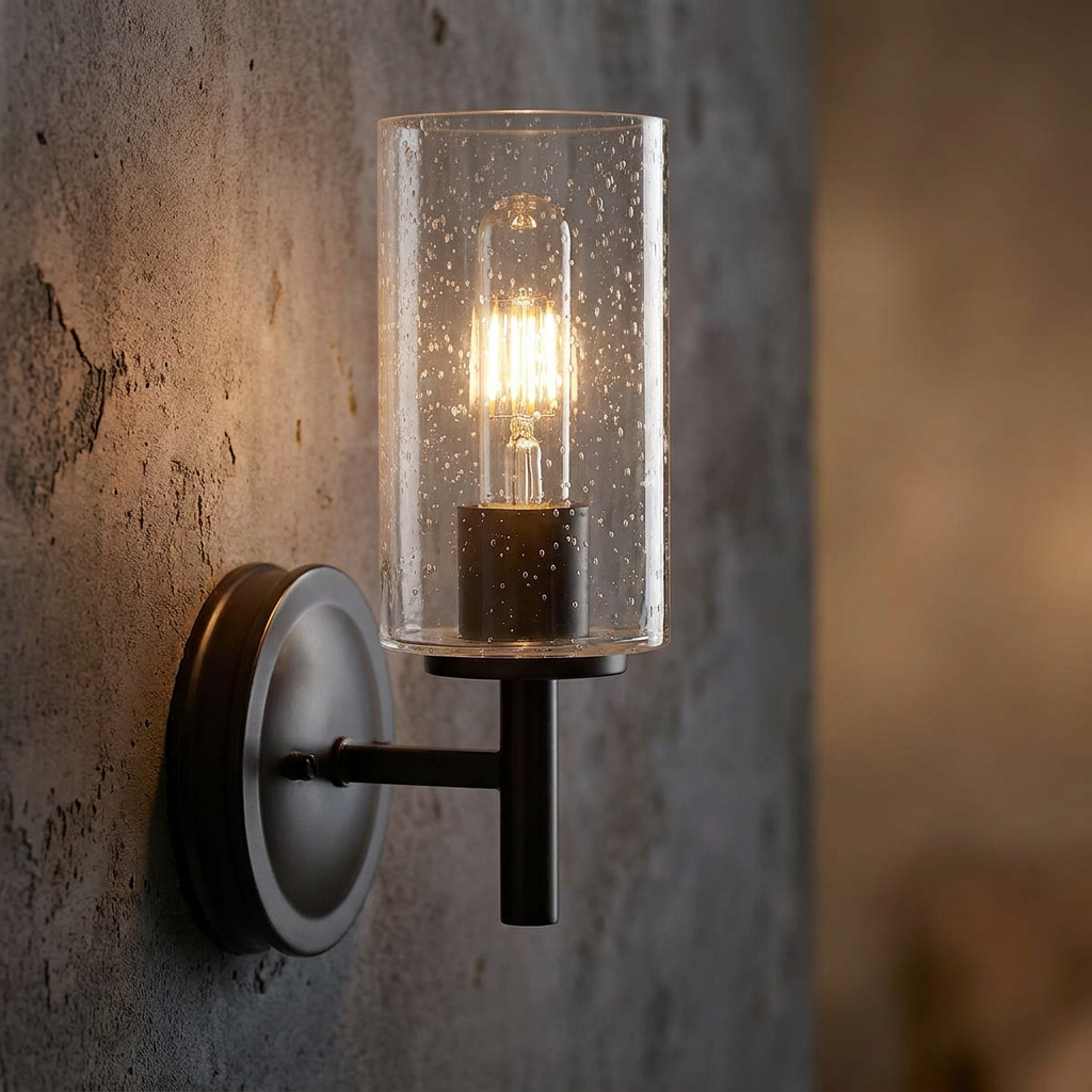 A lit Collier black wall light with a cylindrical seeded glass shade mounted on a textured concrete wall.