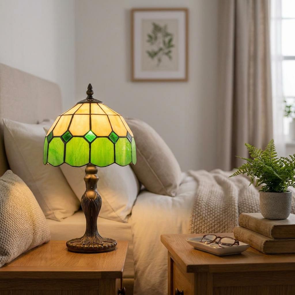 Colsterworth Tiffany bedside lamp with green and cream stained glass shade on a wooden nightstand in a cozy bedroom.