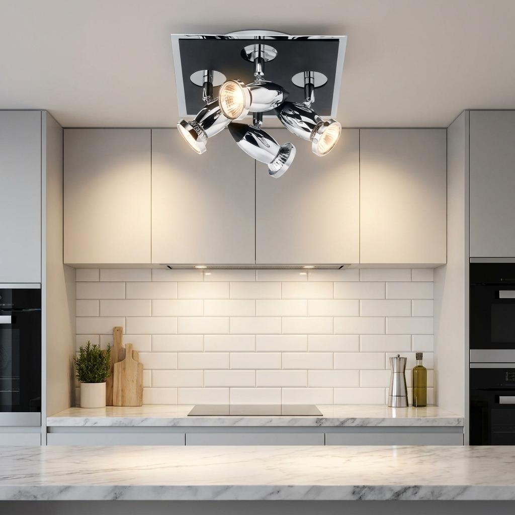Comet four-light chrome square flush spotlights illuminate a modern kitchen with a subway tile backsplash.