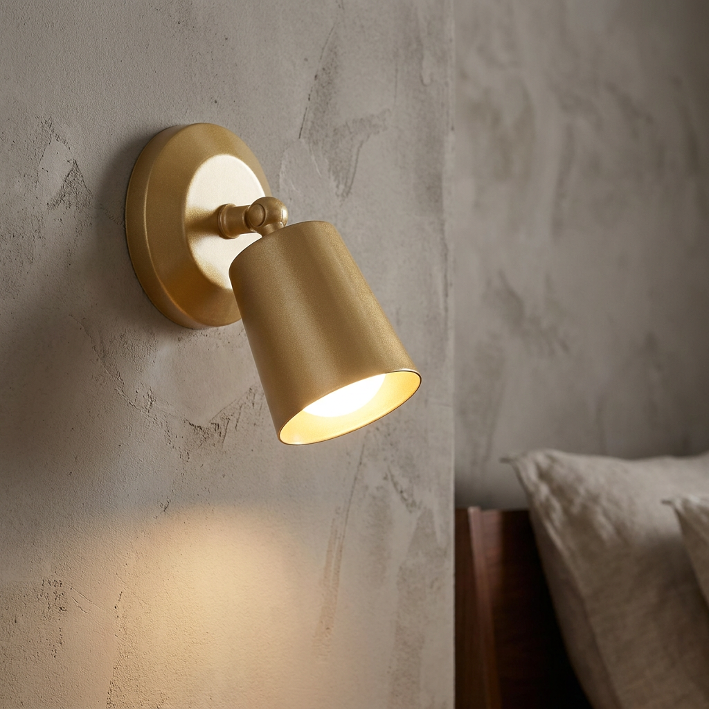 A gold cone-shaped wall light mounted on a textured gray wall, casting a warm glow downwards.
