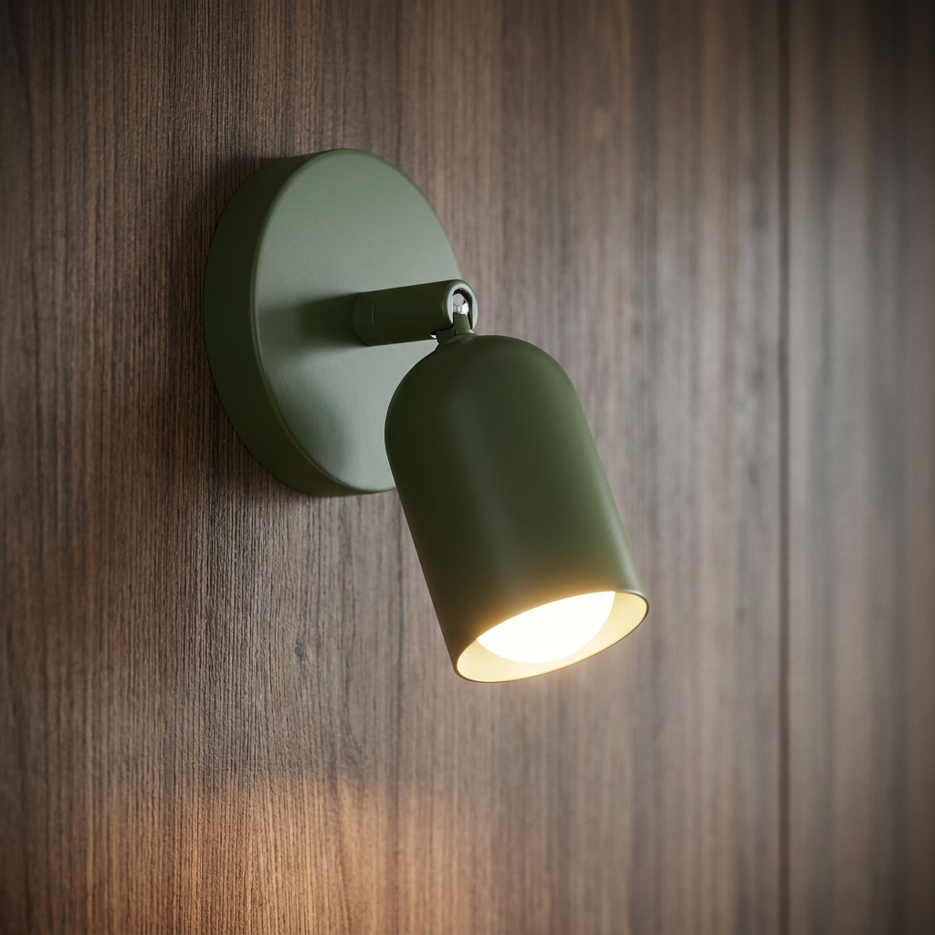 Matte green cone-shaped wall light with a glowing bulb, mounted on a dark wood-paneled wall.