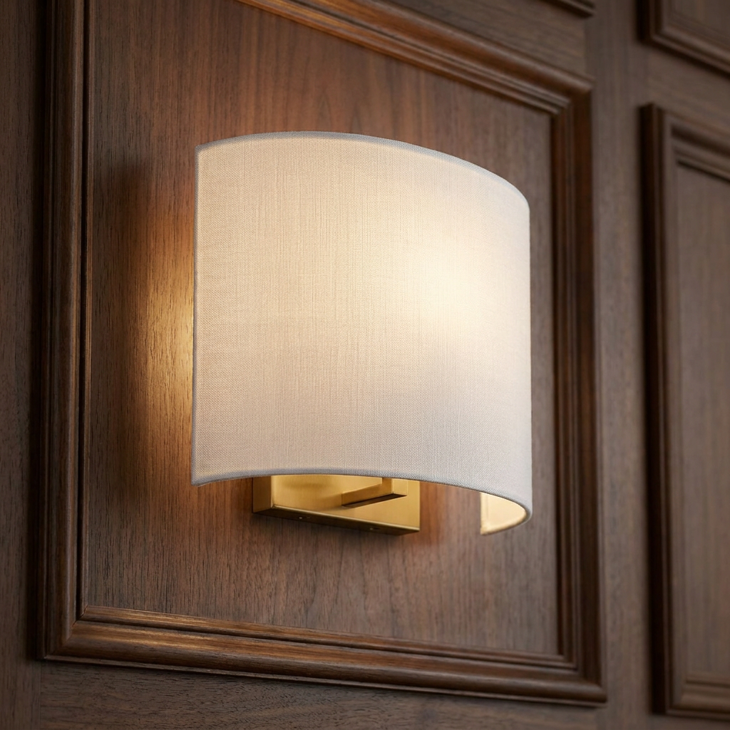 Curved white fabric wall light with an aged brass backplate mounted on dark wood paneling.