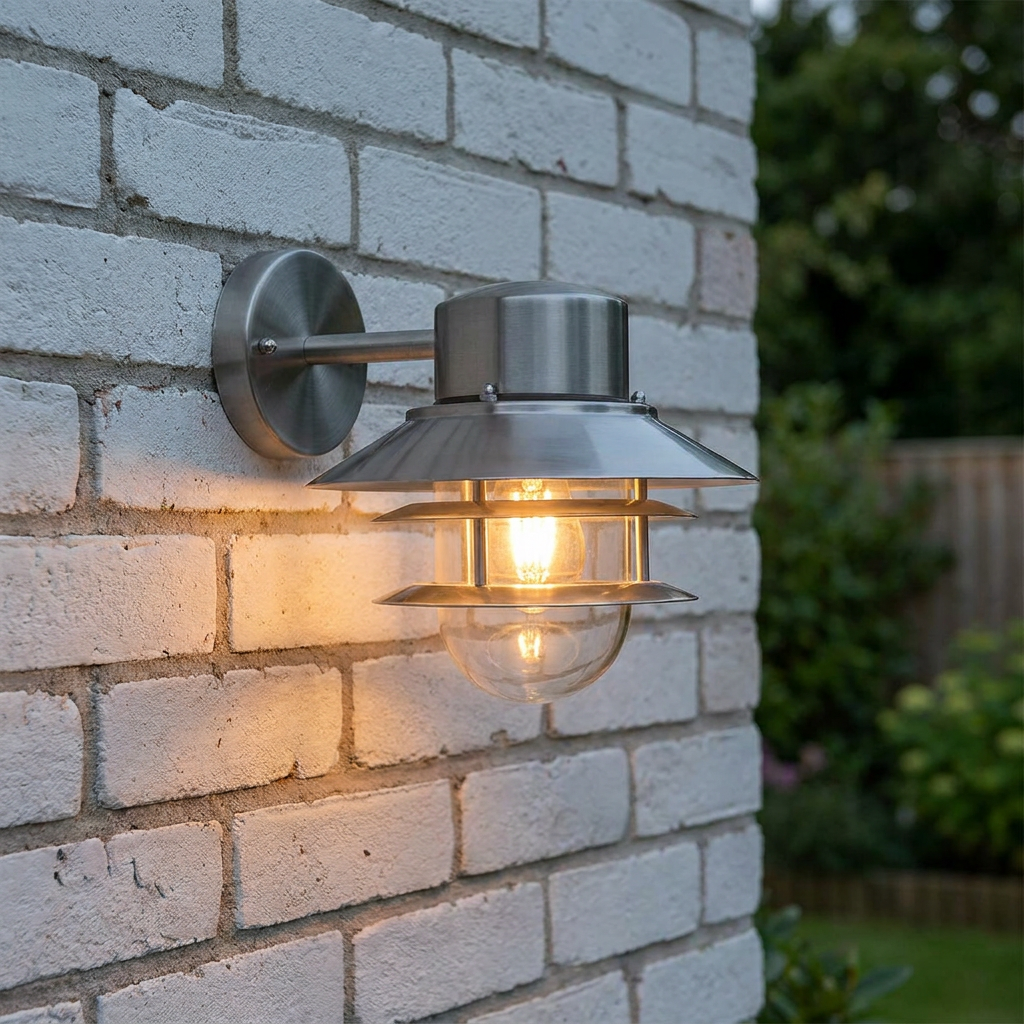 Stainless steel outdoor wall light with tiered shades and a glowing bulb mounted on a white brick wall.
