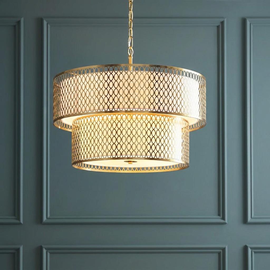 A two-tiered gold pendant light with an intricate oval lattice design against a dark teal paneled wall.