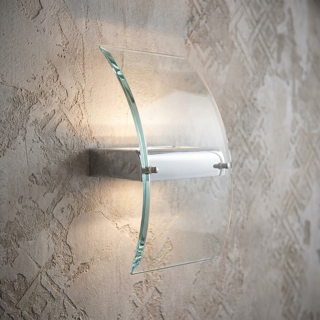 Chrome LED wall light with a curved bevelled glass panel emitting a warm glow on a textured wall.