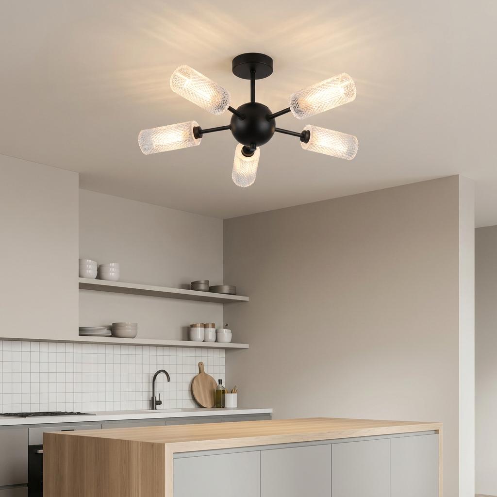 Black semi-flush ceiling light with five textured glass shades illuminating a modern kitchen space.