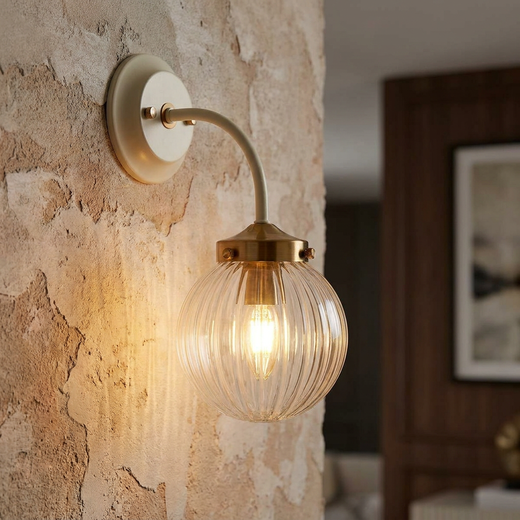 Cream and brass wall light with a ribbed glass globe shade mounted on a textured stone wall.