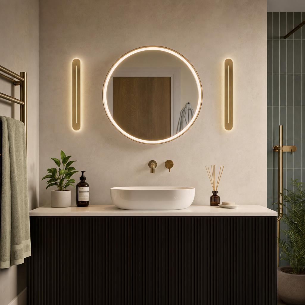 Two satin brass Couper LED wall lights flanking a circular illuminated mirror in a modern bathroom.