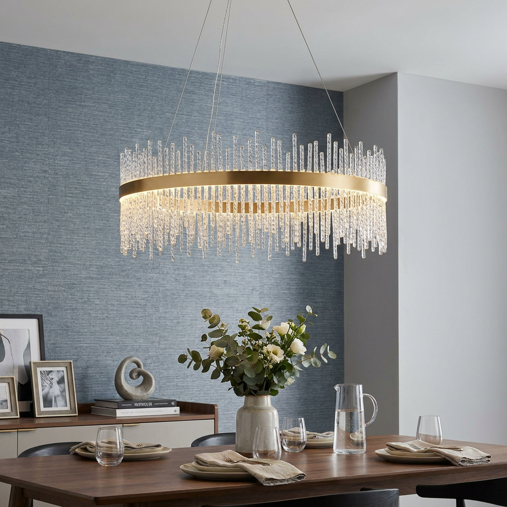 Crescendo brushed gold and glass rod LED pendant light hanging above a dining table in a contemporary setting.
