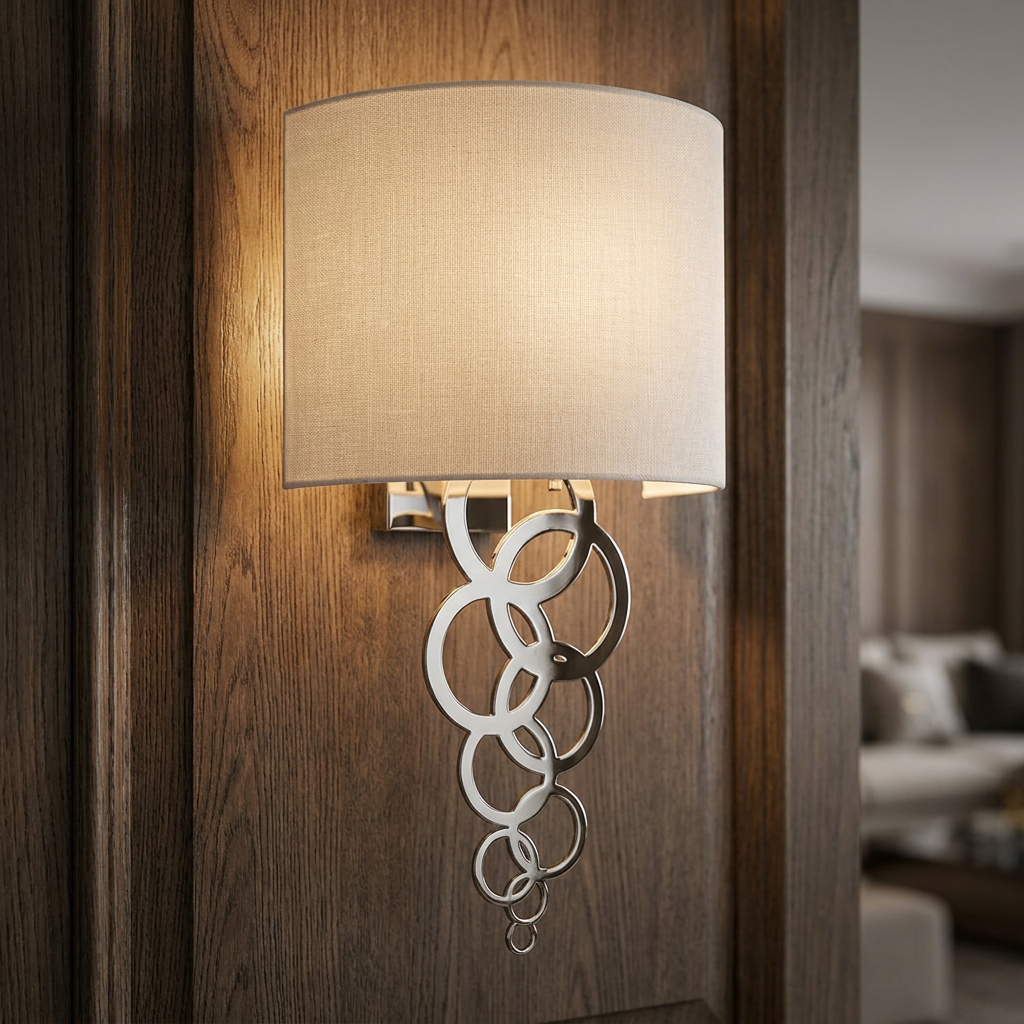 Polished chrome wall light with a cream shade and interlocking rings, mounted on a dark wood-paneled wall.
