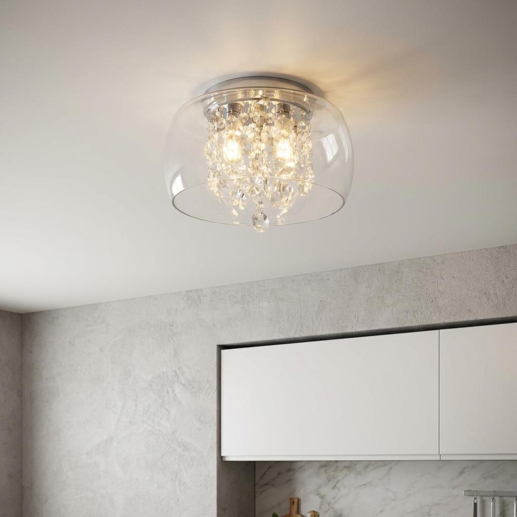 Curva 3-light bathroom ceiling flush light with a clear glass shade and illuminated crystal interior.
